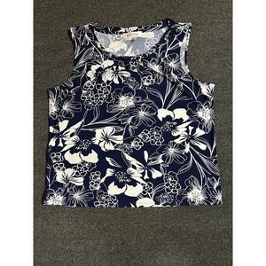 Kasper Womens XL Navy Blue White Floral Sleeveless Knit Shell Pleated Scoop Neck